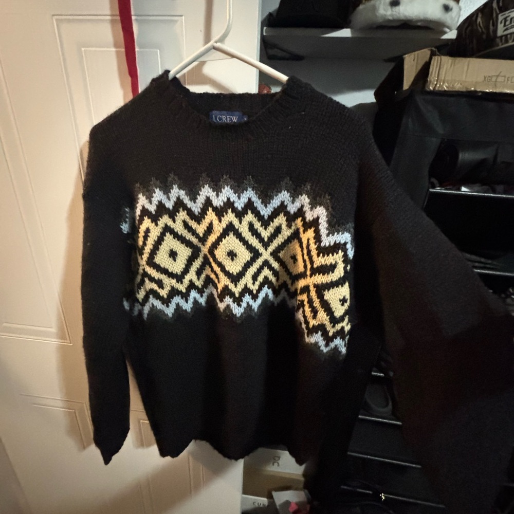 J. Crew Black and Gold Patterned Crewneck Sweater